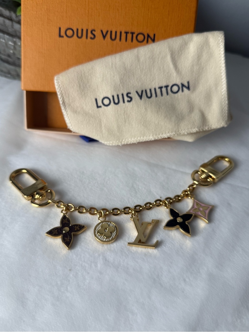 Louis Vuitton Gold-Tone Monogram Charm Chain with Black and Pink Accents